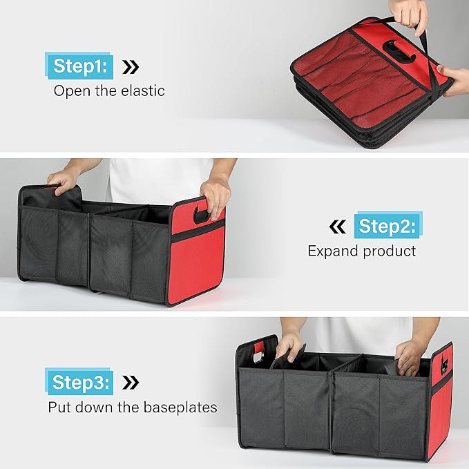 Simple Deluxe Trunk Organizer for Car/SUV/Truck, Collapsible 2 Compartment 50L Automotive Storage Box with 5 Pocket, 600D Waterproof Oxford Polyester, Anti-slip & Leak-proof, Red New