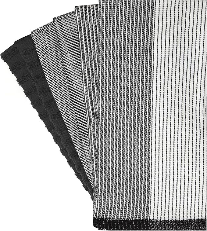 Premium Kitchen Towels (20”x 28”, 6 Pack) | Large Cotton Dish Towels | Flat & Terry Highly Absorbent Kitchen Linen Set with Hanging Loop | Black