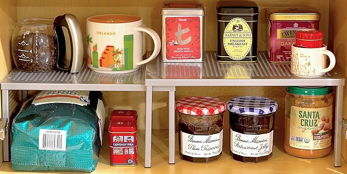 Simple Houseware Metal Top Expandable Stackable Kitchen Cabinet and Counter Shelf Organizer, Silver