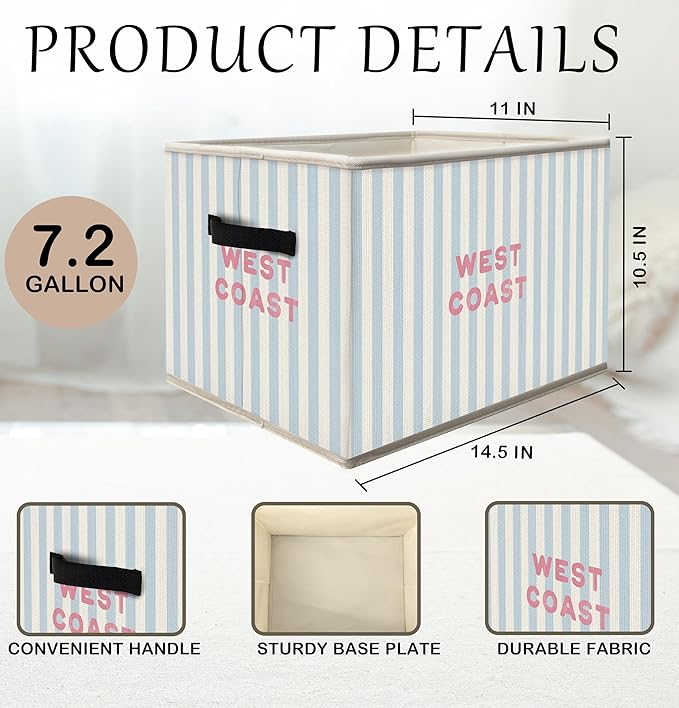 Western Beach Storage Bins Box with Handles, Coastal Cowgirl Room Decor, Preppy Beachy Collapsible Fabric Storage Basket Box Organizer for Bedroom Bathroom Clothes Toys Books