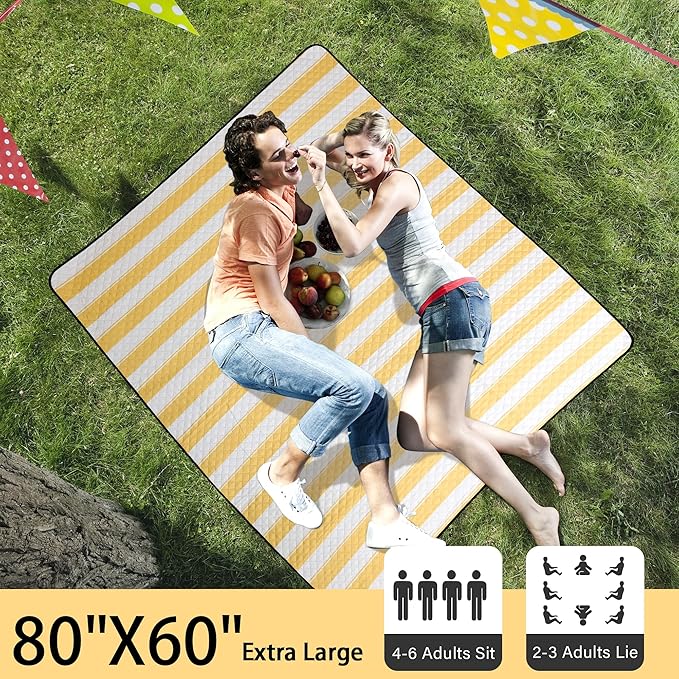 HX&OD Extra Large Picnic Outdoor Blanket, 80”x60” Waterproof Picnic Mat Foldable Camping Blanket Portable with Carry Strap for Beach Mat Outdoor Camping Party (Yellow)