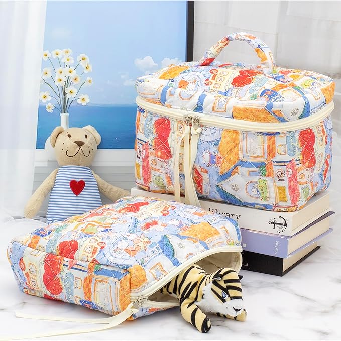 PAZIMIIK Quilted Makeup Bag Large Travel Zipper Soft Cosmetic Pouch for Women Girls Make Up, Little Bunny