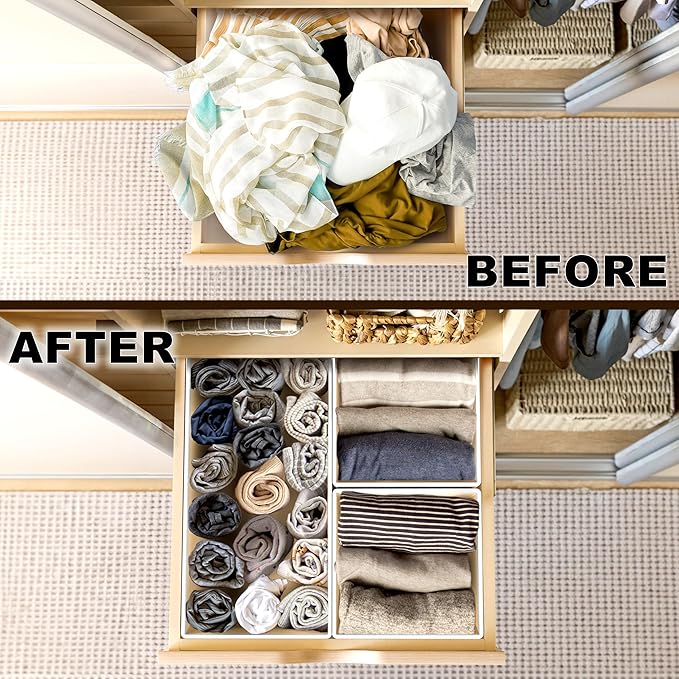 Simple Houseware Foldable Drawer Organizer Set of 12, Beige – Fabric Storage Bins for Clothes, Underwear, Bra, Panty, Socks, Onesies – Closet & Dresser Drawer Dividers for Home Organization