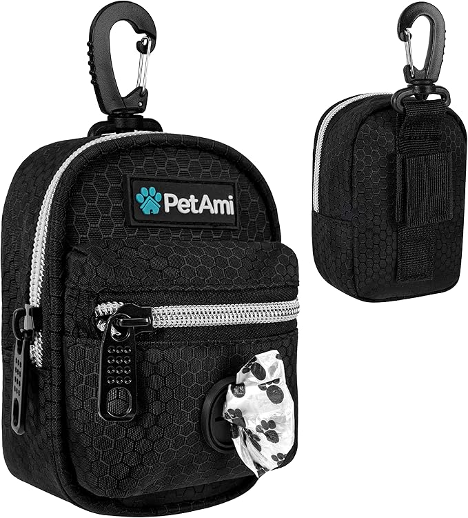 PetAmi Dog Poop Bag Holder for Leash, Dog Pet Waste Bag Dispenser For Poop With Clip For Doggie Puppy Walking Accessories Travel Camping, Dog Treat Pouch Supplies Must Have With Doggy Bag Roll, Black