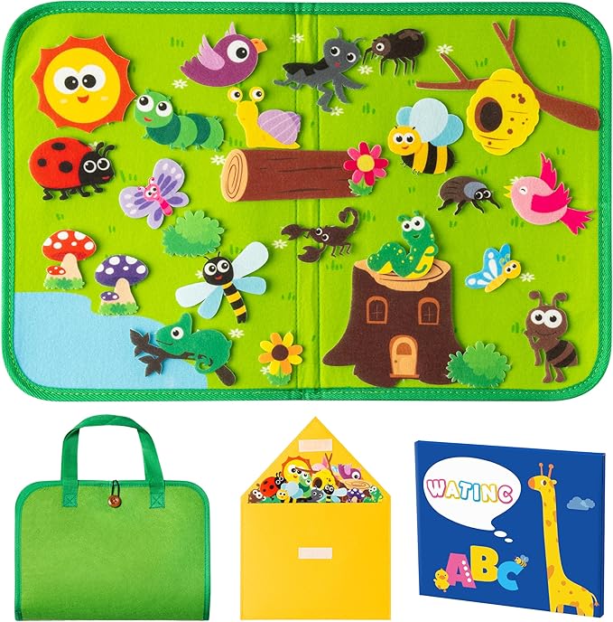 WATINC Travel Felt Board Story Set - 25PCS Portable Felt Board Educational Birthday Gift for Boys & Girls, Themed Storytelling Preschool Early Learning Interactive Play Kit for Toddlers (Insect)