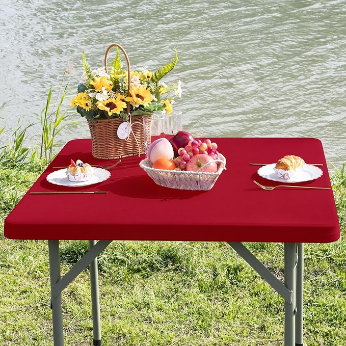 Square Fitted Table Cover Elastic Tablecloth Stretch Spandex Table Top Cover Table Topper Cap for Dining Kitchen Home Party Burgundy 36X36 Inch