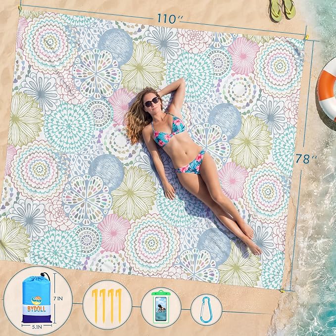 BYDOLL Beach Blanket Waterproof Sandproof Large Sand Free, 78''X110'' Oversized Sandless Lightweight Blanket Picnic Mat for Beach Travel Camping Hiking with Stakes
