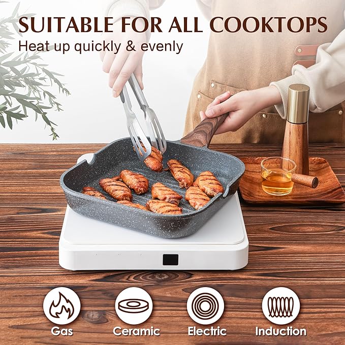 SENSARTE Nonstick Grill Pan with Lid, Grill Pan for Stove Tops, Versatile Griddle Pan with Pour Spouts, Square Grill Pan for Big Cooking Surface, Grill Skillet for Indoor Outdoor Grilling. PFOA Free