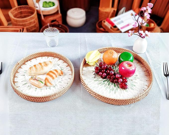 Handmade Round Rattan Tray with Mother of Pearl Inlay, Rattan Service Tray with Wooden Base, Table Decoration with Wicker Baskets, Storage and Display of Bread,Fruit,Desserts (Green Grape)