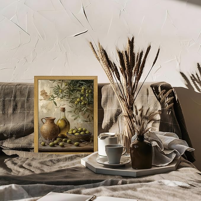 Wood Framed Olive Kitchen Wall Art, Vintage Rustic Still Life Canvas Print, Green Olives Poster Print Picture, Fruit Wall Decor Painting for Dining Room Cafe Restaurant Farmhouse Home Decor 8x10 inch
