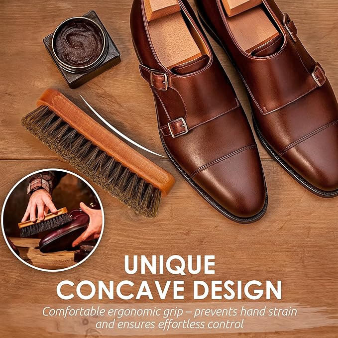 6.7" Horsehair Shoe Shine Brush Set of 2-100% Soft Genuine Horse Hair Bristles - Unique Concave Design Wood Handle - Comfortable Grip, Anti Slip - for Boots, Shoes & Other Leather Care