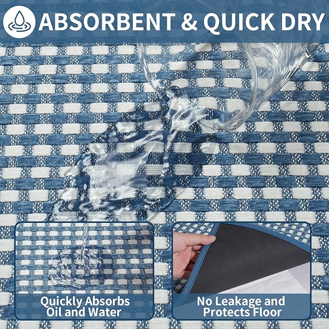 YDKGL Kitchen Runner Rugs Non Slip Washable, Super Absorbent Soft Chenille Braided Kitchen Mats for Floor Rubber Backing Sink Mat Standing Hallway Floor Mat, Easy Clean, Blue 17"x59"