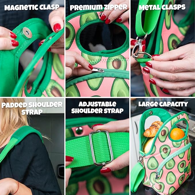 Made Easy Kit Large Insulated Lunch Tote Bag – Stylish Neoprene Carrier Foil Lining, Front Zipper Pocket & Shoulder Strap – Machine Washable, Lightweight, Travel Ready (Green Pink Avocado)