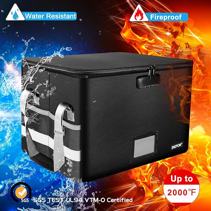 ENGPOW File Box with Lock, Fireproof Document Box with Zipper & Pockets, Collapsible File Organizer Filing Storage Cabinet with Handle, Portable Home Office Safe for Hanging Letter/Legal Folder, Black
