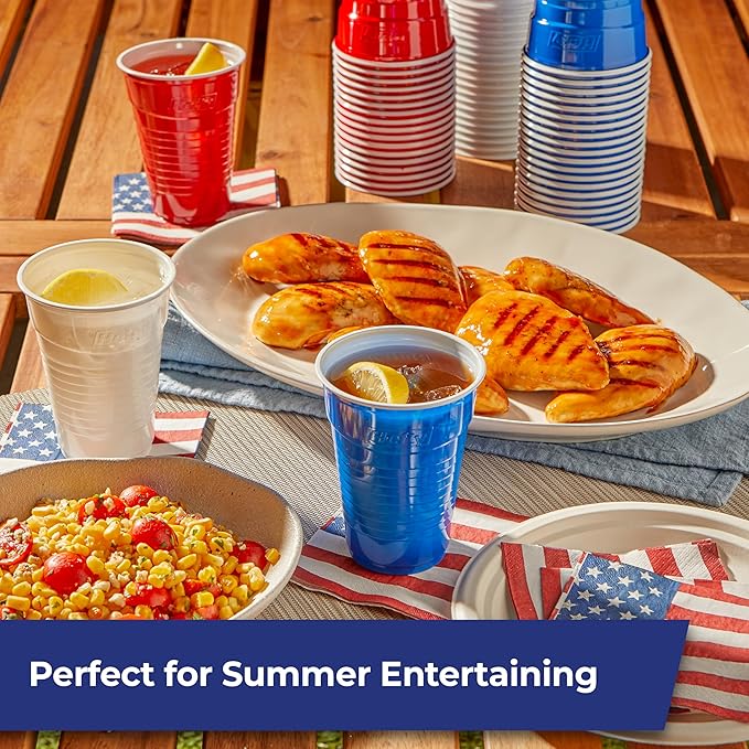 Hefty Party On Disposable Plastic Party Cups, 76 Count, 16 Oz Cups in Assorted Patriotic Colors and 18 Oz Clear Cups with Festive Firework Print for Fourth of July Celebrations and Summer Entertaining