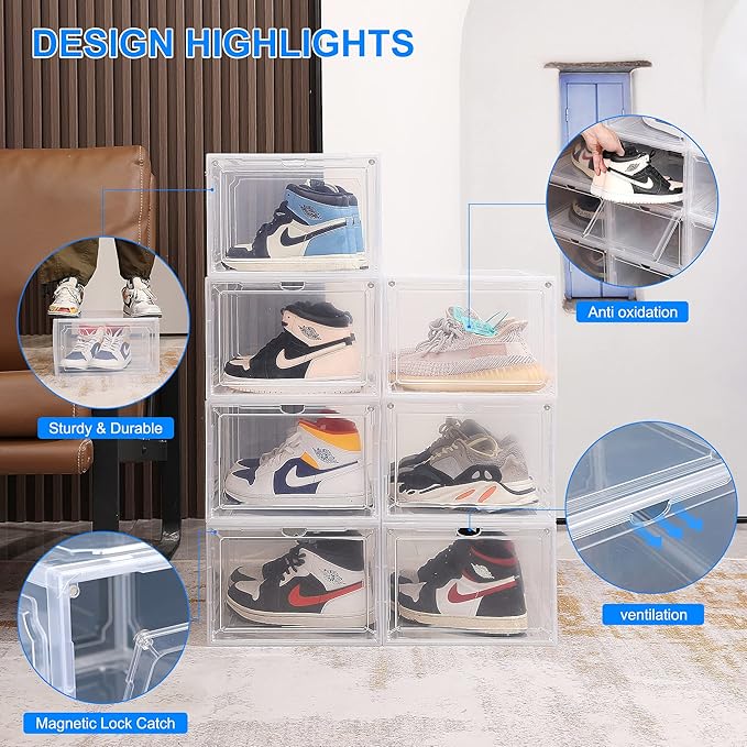 HIYOHIYO 1 Pack Shoe Boxes Clear Plastic Stackable, Sneaker Containers Magnetic Shoes Storage Box Foldable Drop Front Organizer Shoes Cases for Home Display Bins Fit up to Size 14 (14.2"x 11"x 7.9")