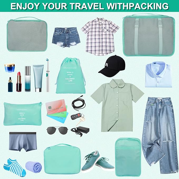 8 Set Packing Cubes for Suitcases, kingdalux Blue Travel Luggage Packing Organizers with Laundry Bag, Compression Storage Shoe Bag, Clothing Underwear Bag, for Women & Men