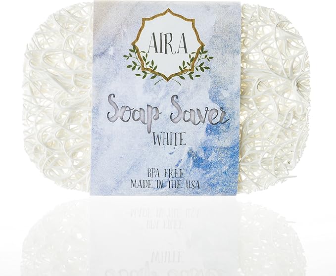 Aira Soap Saver - Soap Dish & Soap Holder Accessory - BPA Free Shower & Bath Cleanser Holder - USA Made - Drains Water, Circulates Air, Extends Life - Easy to Clean, Fits All Dish Sets - White