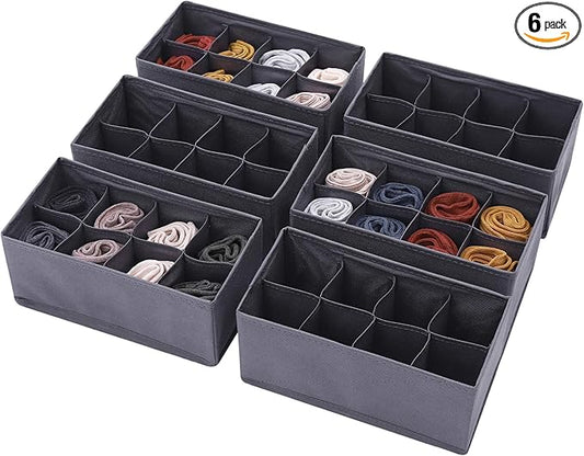 DIOMMELL 6 Pack Foldable Cloth Storage Box Closet Dresser Drawer Organizer Fabric Baskets Bins Containers Divider for Clothes Underwear Socks Lingerie Clothing, Dark Grey 00-0600