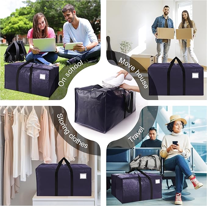 VELVETSURE 12 Pack Heavy Duty Extra Large Moving Bags W/Backpack Straps - Strong Handles & Zippers, Storage Totes For Space Saving, Fold Flat, Alternative to Moving Box and Storage Bin, Blue