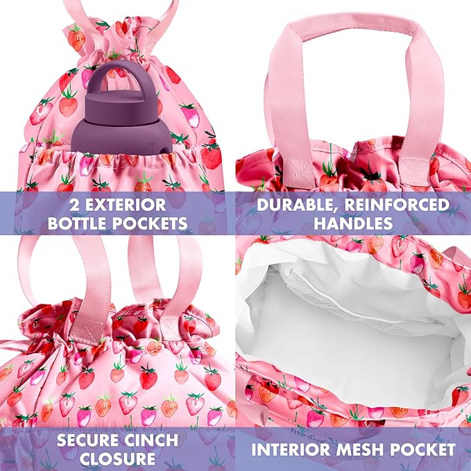 Fit & Fresh Cromwell Drawstring Lunch Bag for Women, Complete Lunch Set with 2 Containers, Stain-Resistant, Leak-Resistant, Back to School Essential, Teacher Lunchbox, Pink Strawberries
