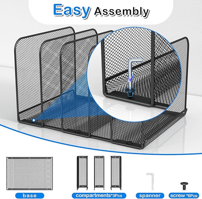 5 Sections Desk File Holder/Rack/Sorter,Mesh File Organizer,File Folder Organizer,Metal Upright Desktop Organization for Documents,Magazine,Kitchenware,Antiskid,Antirust,Sturdy,1 Pack
