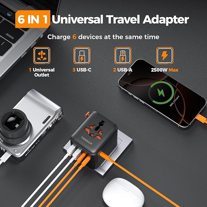 TESSAN Universal Travel Adapter 28W, International Power Adapter with 5 USB Ports (3 USB C), Travel Plug Adapter Worldwide for US to Europe UK France Germany Spain Australia (Type C G A I), Black