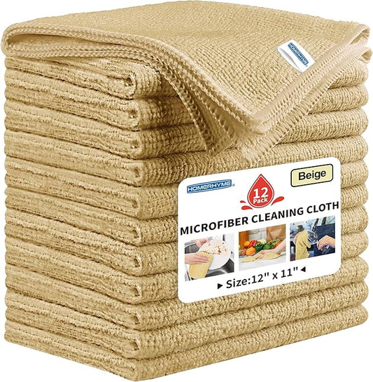 HOMERHYME Microfiber Cleaning Cloth, 12 Pack Beige Cleaning Rags, 12" X 11" Lint-Free Dish Towels Wash Cloths, Reusable Microfiber Towels for Home and Kitchen Bathroom Apartment Cleaning Supplies