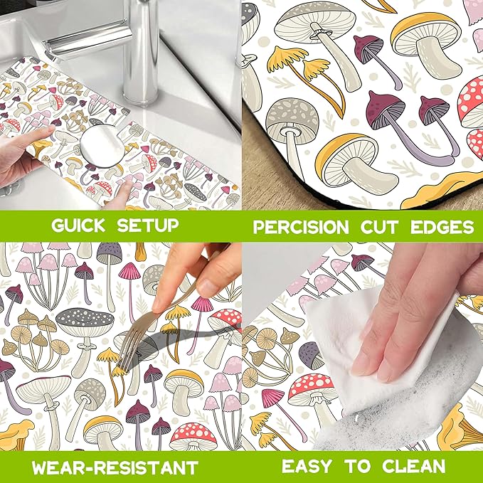Kitchen Sink Splash Colorful Mushrooms Guard Faucet Mat Super Absorbent Fast Drying Mat Guard Behind Faucet Drip Catcher for Kitchen Bathroom, 15.5"X5.5"