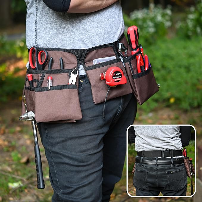 19 Pocket Brown and Black Heavy Duty Construction Tool Belt, Work Apron, Tool Pouch, with Poly Web Belt Quick Release Buckle - Adjusts from 33” Inches All the Way to 50” Inches