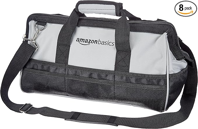 Amazon Basics Durable Wear-Resistant Tool Storage Bag with Adjustable Shoulder Strap,Portable Tool Organizer,16 in,Black & Grey,(Pack of 8)