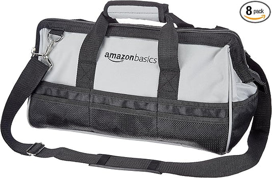 Amazon Basics Durable Wear-Resistant Tool Storage Bag with Adjustable Shoulder Strap,Portable Tool Organizer,16 in,Black & Grey,(Pack of 8)