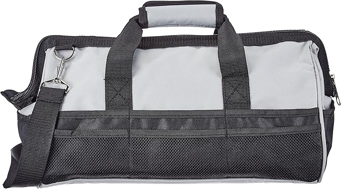 Amazon Basics Durable Wear-Resistant Tool Storage Bag with Adjustable Shoulder Strap, Portable Tool Organizer, 16 in, Black & Grey