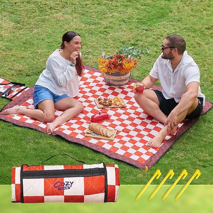 Cozy Club Waterproof Picnic Blanket Foldable Outdoor Mat with Pocket, Stakes & Shoulder Strap | Sandproof, Durable & Portable for Beach, Camping, Sporting Events & Travel