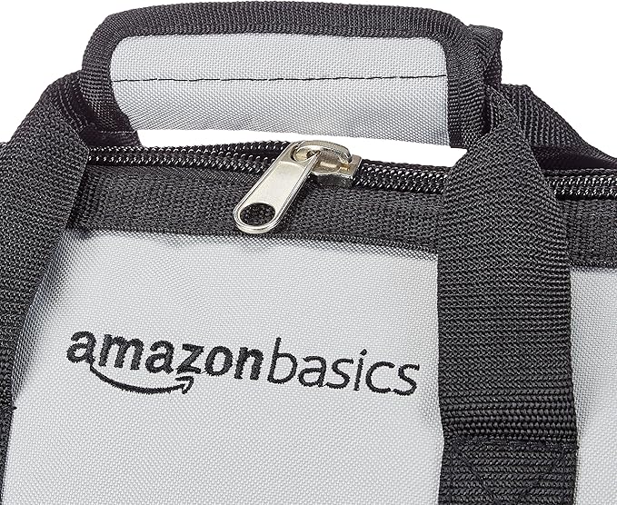 Amazon Basics Durable Wear-Resistant Tool Storage Bag with Adjustable Shoulder Strap, Portable Tool Organizer, 16 in, Black & Grey