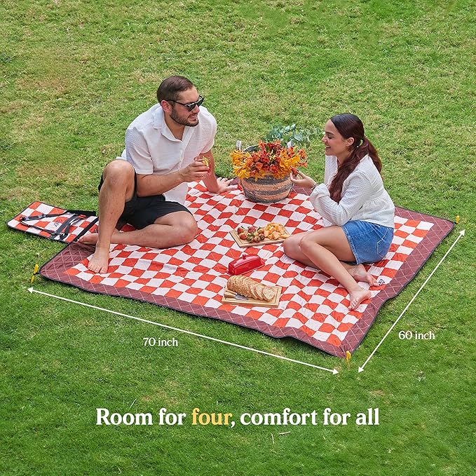 Cozy Club Waterproof Picnic Blanket Foldable Outdoor Mat with Pocket, Stakes & Shoulder Strap | Sandproof, Durable & Portable for Beach, Camping, Sporting Events & Travel