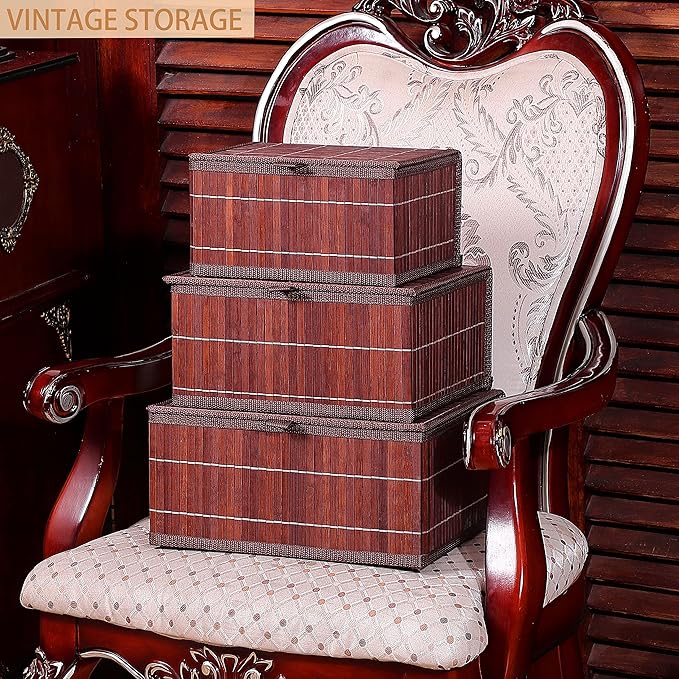 Honygebia Bamboo Decorative Storage Boxes - Set of 3 Woven Lined Storage Basket with Lids, Retro Brown Wicker Lidded Baskets for Home Kitchen Shelf Organizer Decor