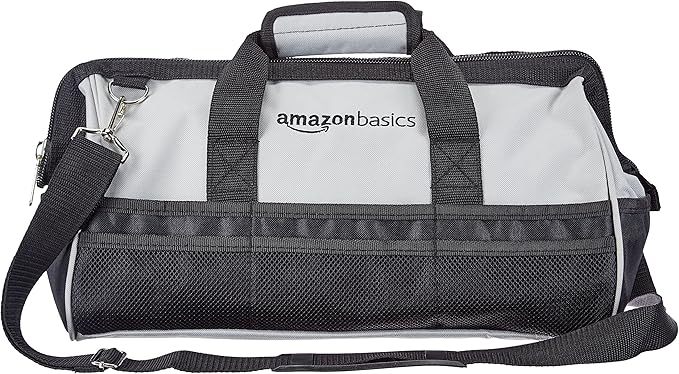 Amazon Basics Durable Wear-Resistant Tool Storage Bag with Adjustable Shoulder Strap,Portable Tool Organizer,16 in,Black & Grey,(Pack of 8)